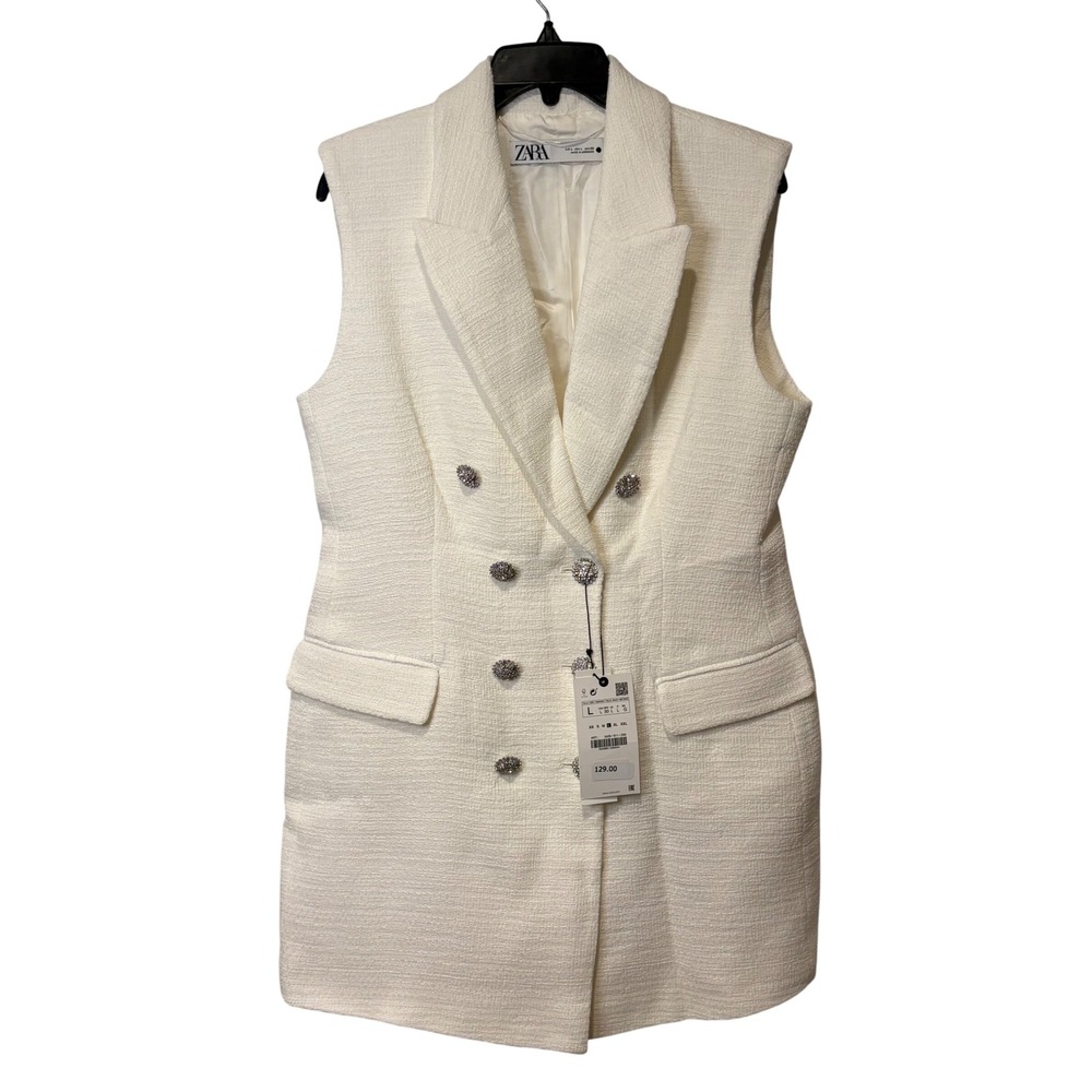 ZARA Tweed Blazer Dress Women L Cream Double Breasted Rhinestone Button Academia